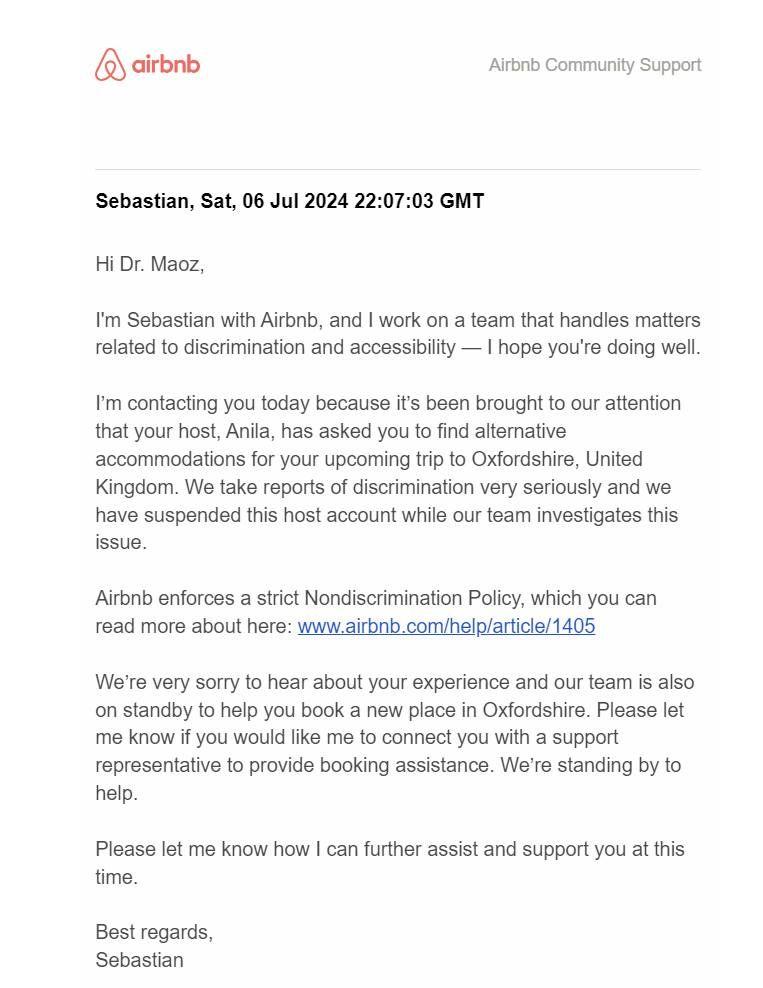 Airbnb letter to Darya Moaz