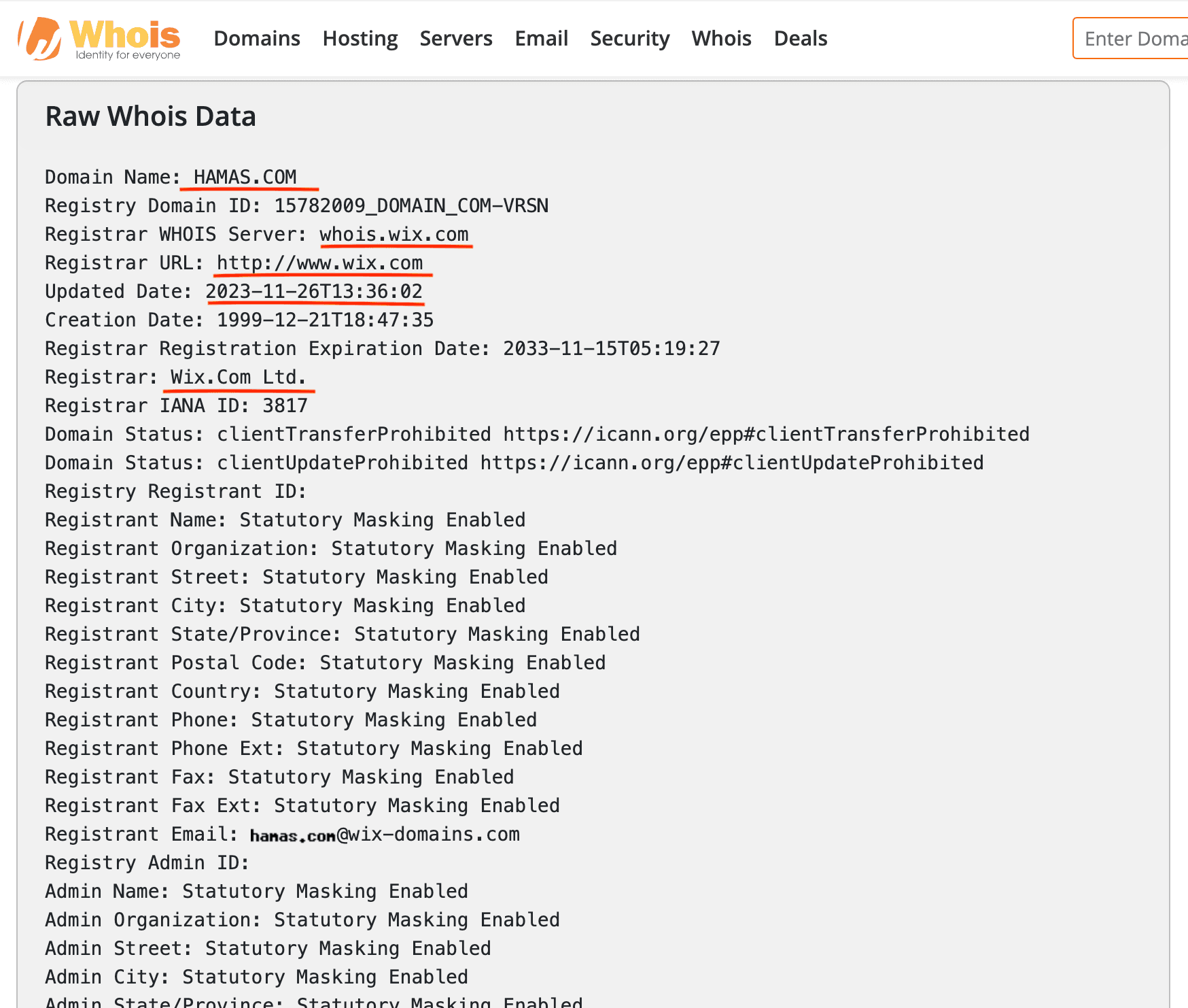 Whois record showing Wix owning the hamas.com propaganda website